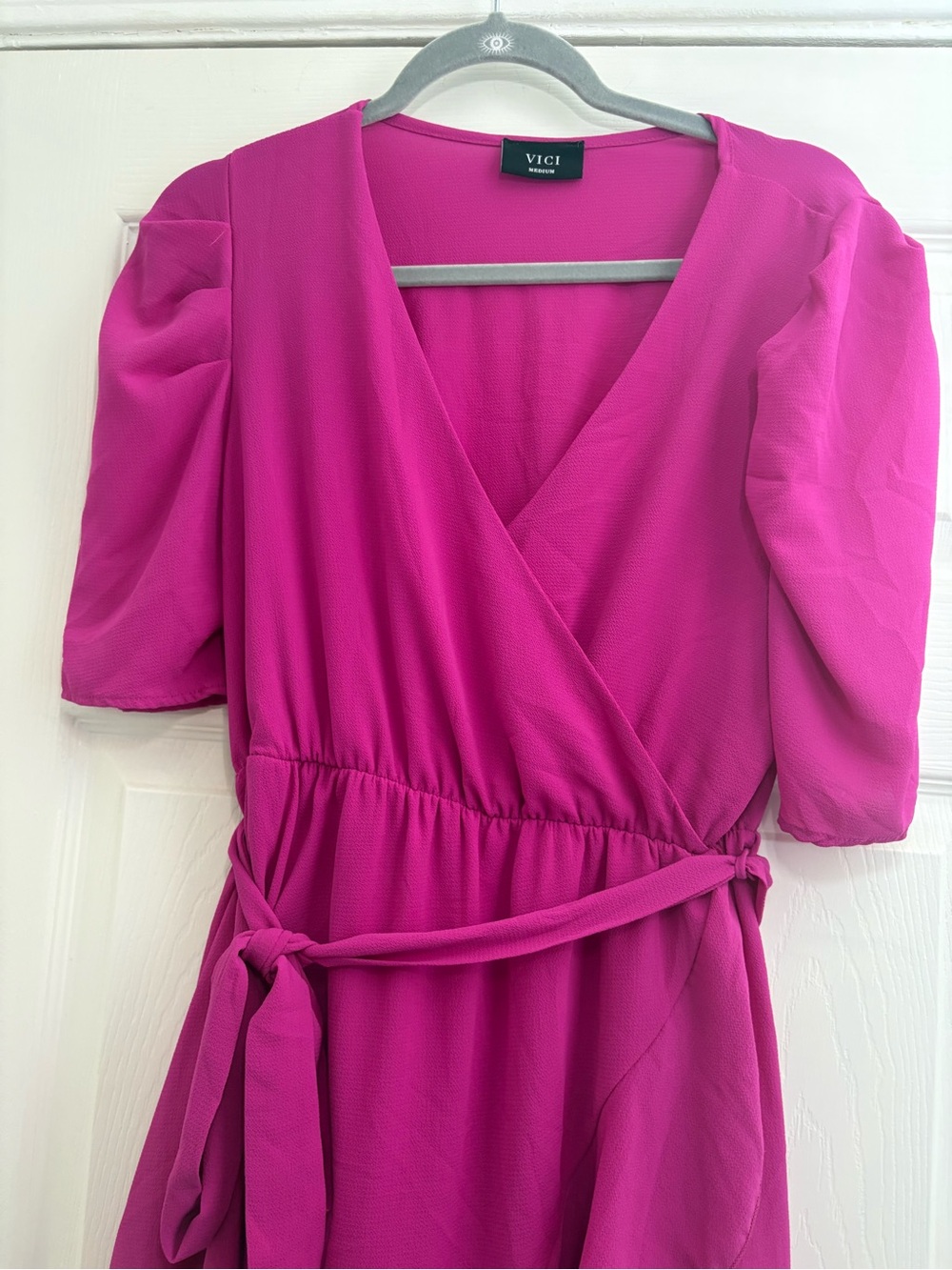 Vici Fuchsia Wrap Mini Dress with Puff Sleeves - Picture 5 of 12